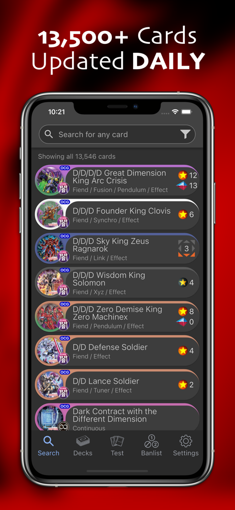 Yugipedia Deck Builder - Search interface of the Yugipedia Deck Builder app featuring a list of Yu Gi Oh cards and a search bar