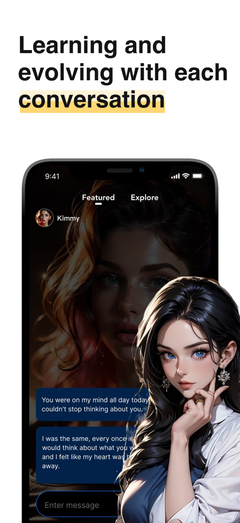Interface de l'application Talk.AI montrant une discussion avec un personnage d'anime qui apprend des conversations.