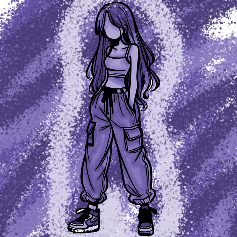 girl in baggy pants crop top and long hair