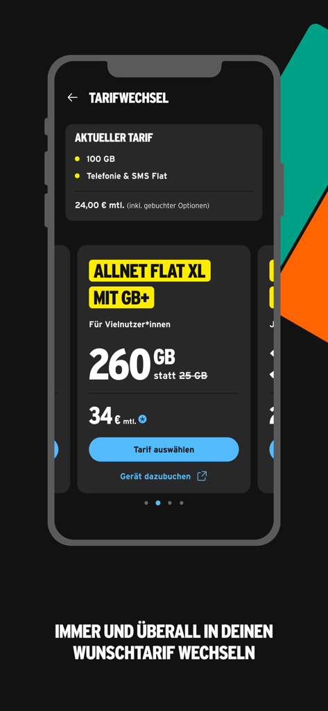 Screenshot of the congstar app interface showing mobile plan change options and a 260GB data offer