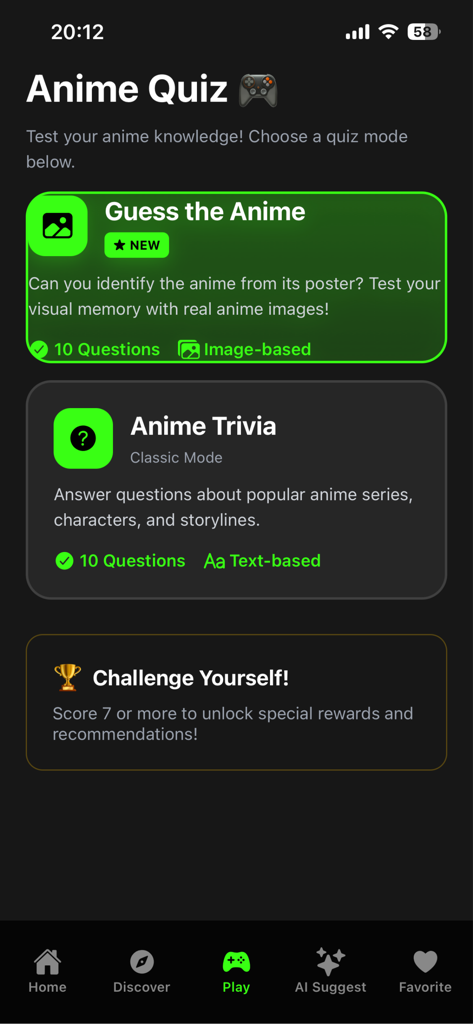 Zorox : Anime Movies & Quizzes - Zorox app screen showing anime quiz options including Guess the Anime and Anime Trivia with a dark mode design.
