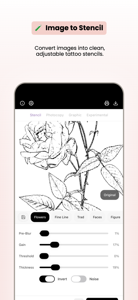 Interface of Tattoo Stencil Lab app showing a rose photo being converted into a clean adjustable tattoo stencil.