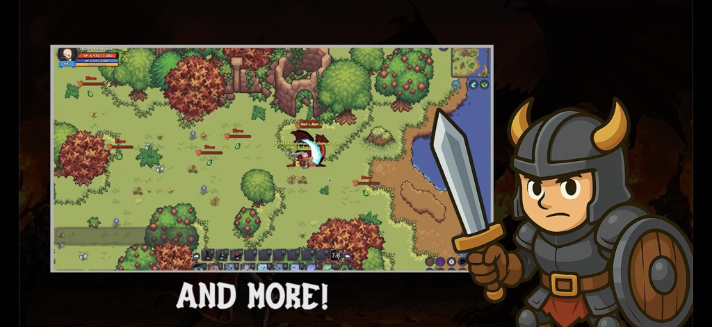 Grind Hero: MMORPG - Captura de tela do jogo Grind Hero MMORPG apresentando uma batalha contra um chefe dragão em um mundo pixelado 2D.