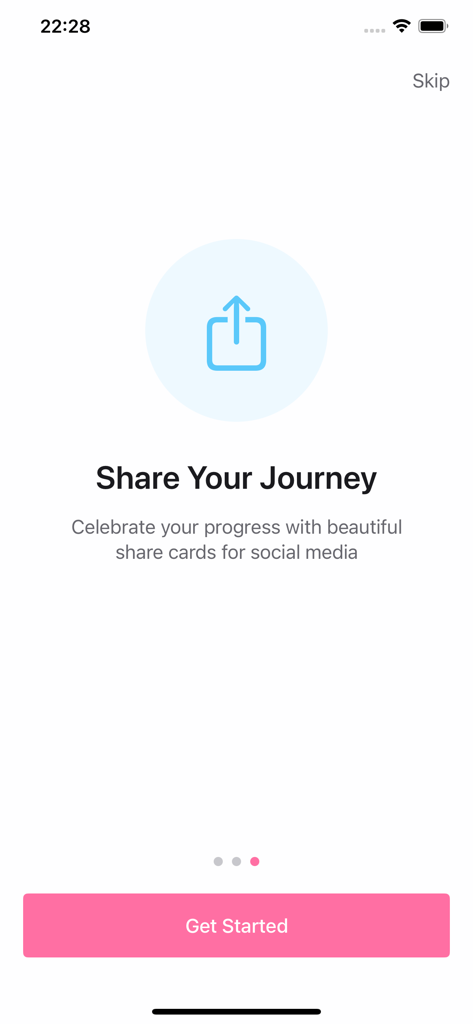 Pretti - Become Attractive - Ein Onboarding-Bildschirm für die mobile App Pretti mit dem Titel Share Your Journey, der Funktionen zum Teilen in sozialen Medien hervorhebt.