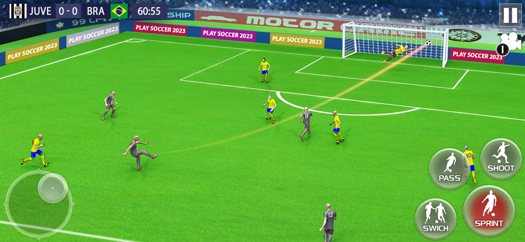 Play Soccer 2026 - Real Match - A 3D mobile soccer simulation showing a player taking a shot at the goal with on-screen controls
