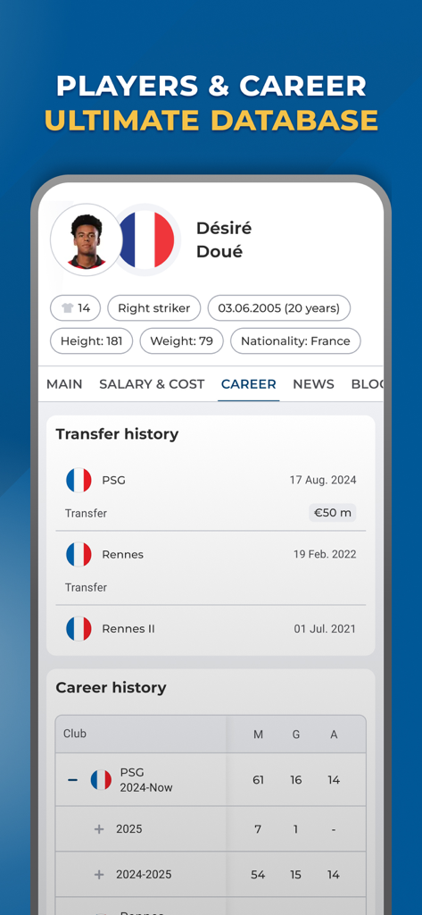 Paris Live - Fans Community - Mobile app interface showing the career history and player profile of Desire Doue in the Paris Live fans community app