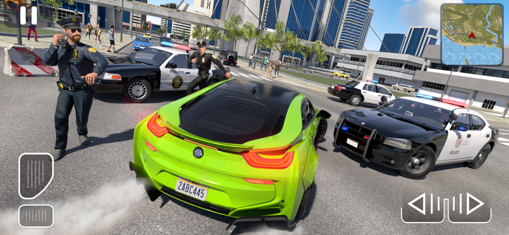 Police vs Gangster Crime City - A green sports car being pursued by police cars and officers in an open world city environment