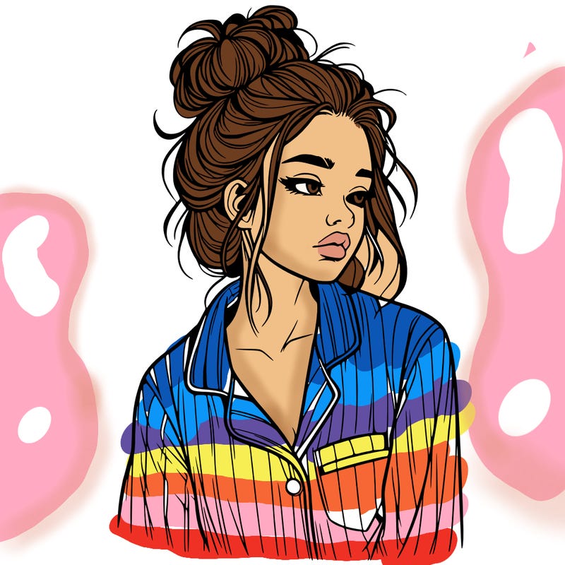 realistic woman with pajamas on and a messy bun