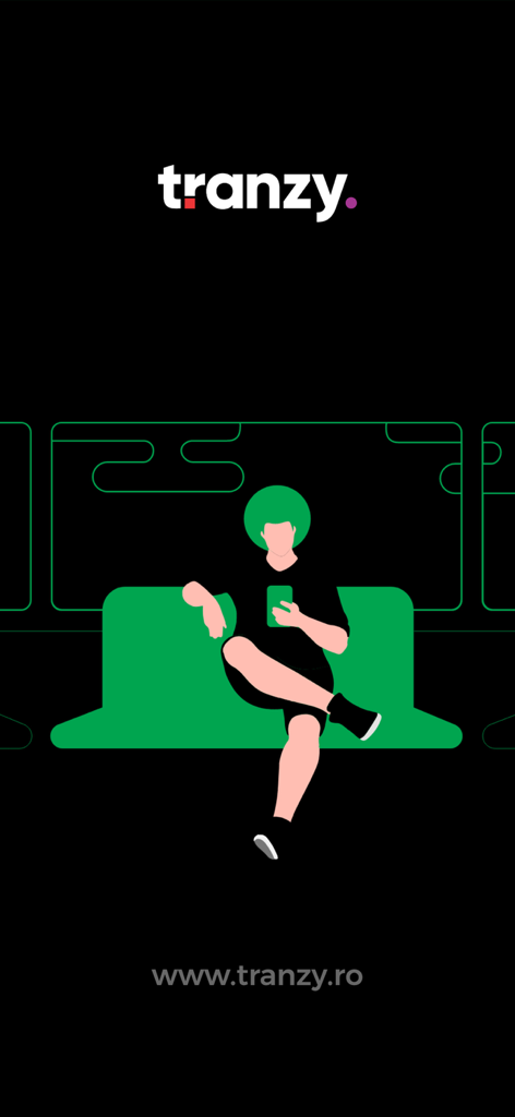 Tranzy - Illustration d'une personne utilisant un smartphone sur un siège de bus avec le logo Tranzy