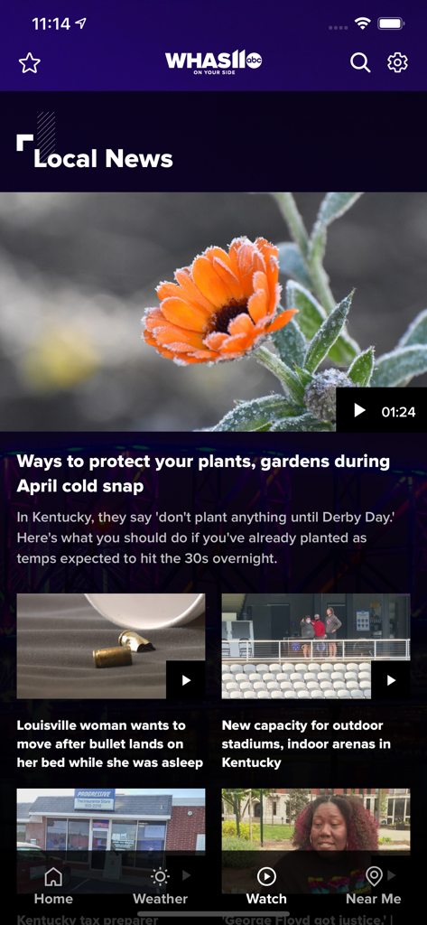 WHAS11 News Louisville - Interface of the WHAS11 News Louisville app featuring local news and weather stories
