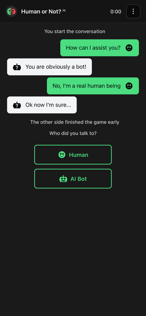 Human or Not? - Human or Not app chat screen showing buttons to choose between Human or AI Bot