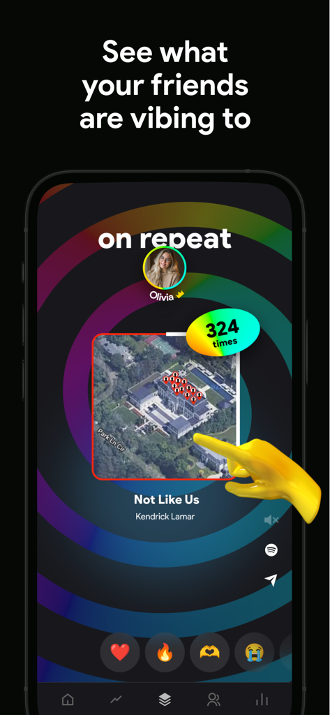 stats.fm for Spotify Music App - Captura de pantalla de la aplicación stats.fm mostrando la canción principal de un amigo en repetición con un recuento de 324 veces.