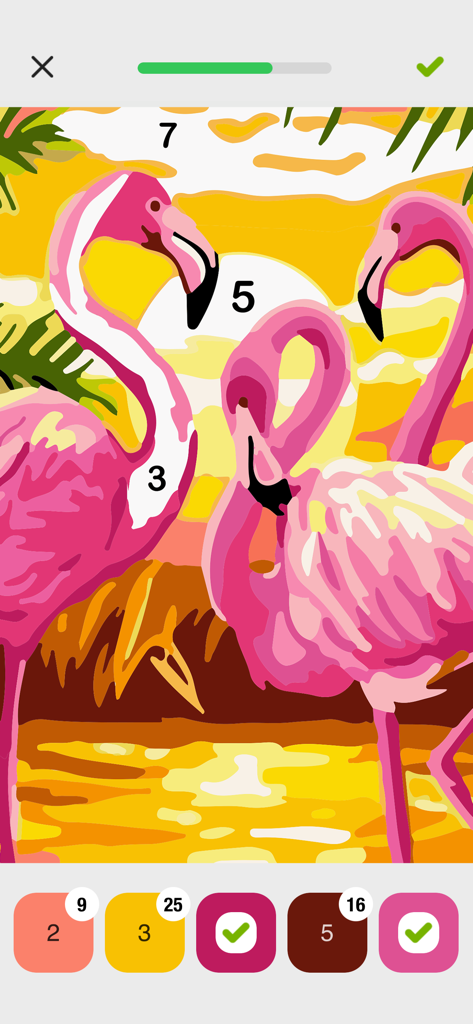 A digital color by number illustration of pink flamingos in the Creatify app