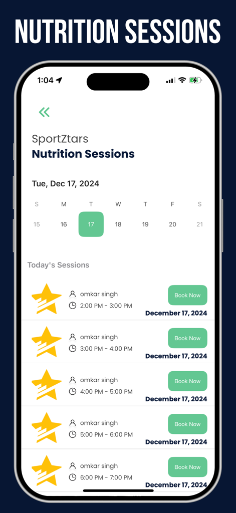 SportZtars:Body Transformation - SportZtars app interface for scheduling one on one nutrition consultations