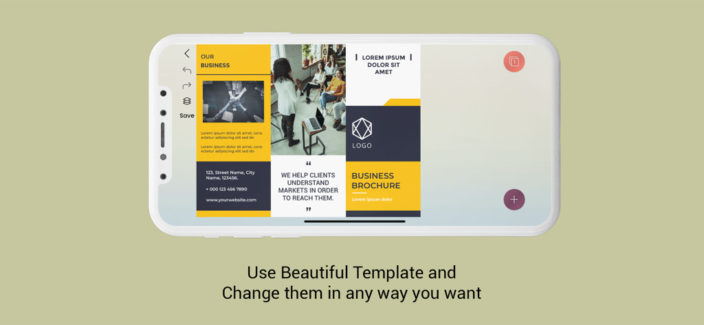Brochure Maker - Infographic - A smartphone screen showing a professional business brochure template being customized in the Brochure Maker app.