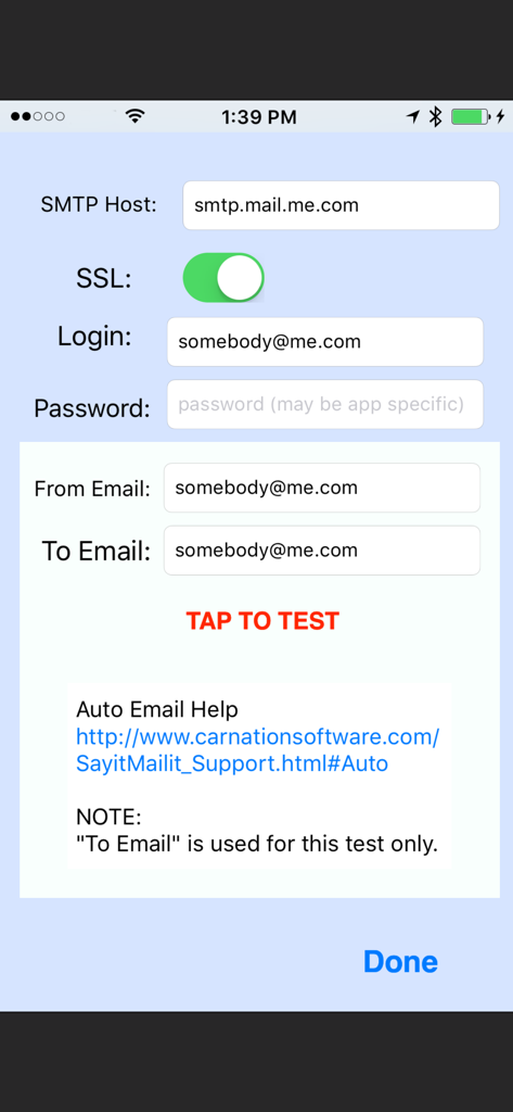 Say it Mail it Plus - 앱의 SMTP 구성 화면, 이메일 호스트 로그인 및 서버 테스트 필드 표시