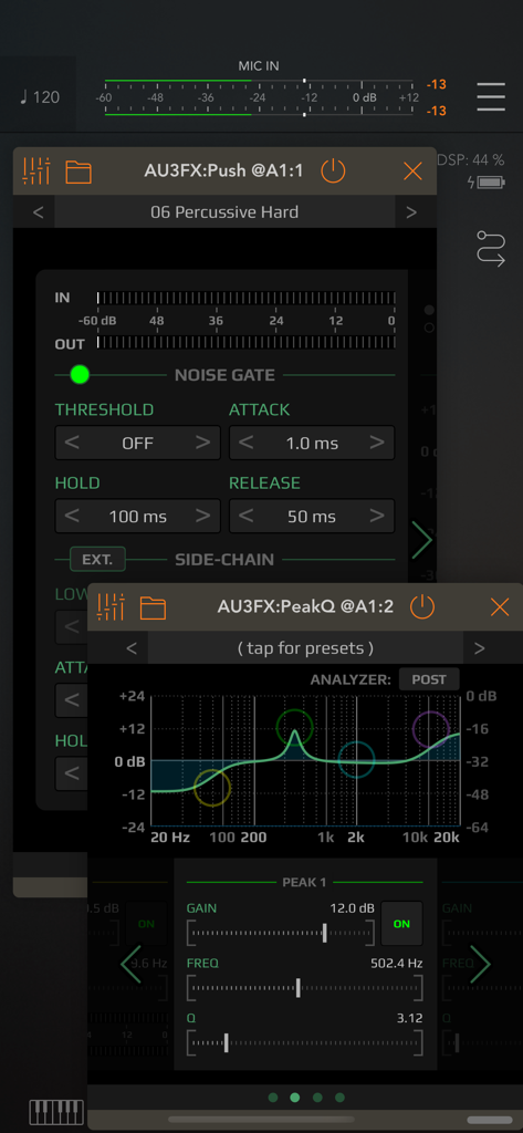 Interface do Mixer de Áudio AUM mostrando plugins de EQ paramétrico e noise gate