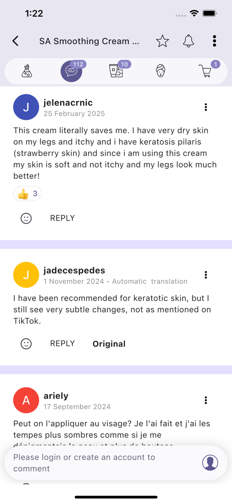 Community reviews and consumer feedback for skincare products in the app