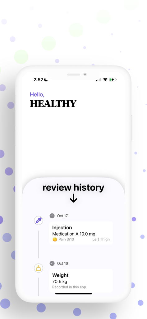 Review history screen of the Ozempic Tracker app with injection and weight logs
