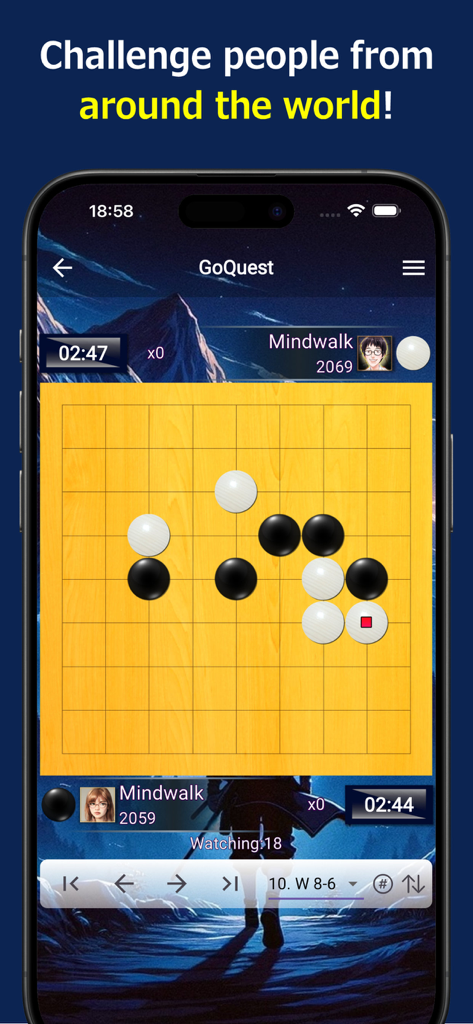 GoQuest - A smartphone displaying a 9x9 Go board game match on the GoQuest app