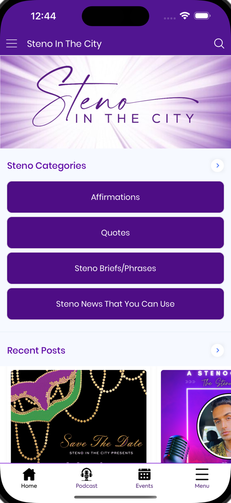 Steno In The City - Home screen of the Steno In The City app showing various categories for court reporting professionals