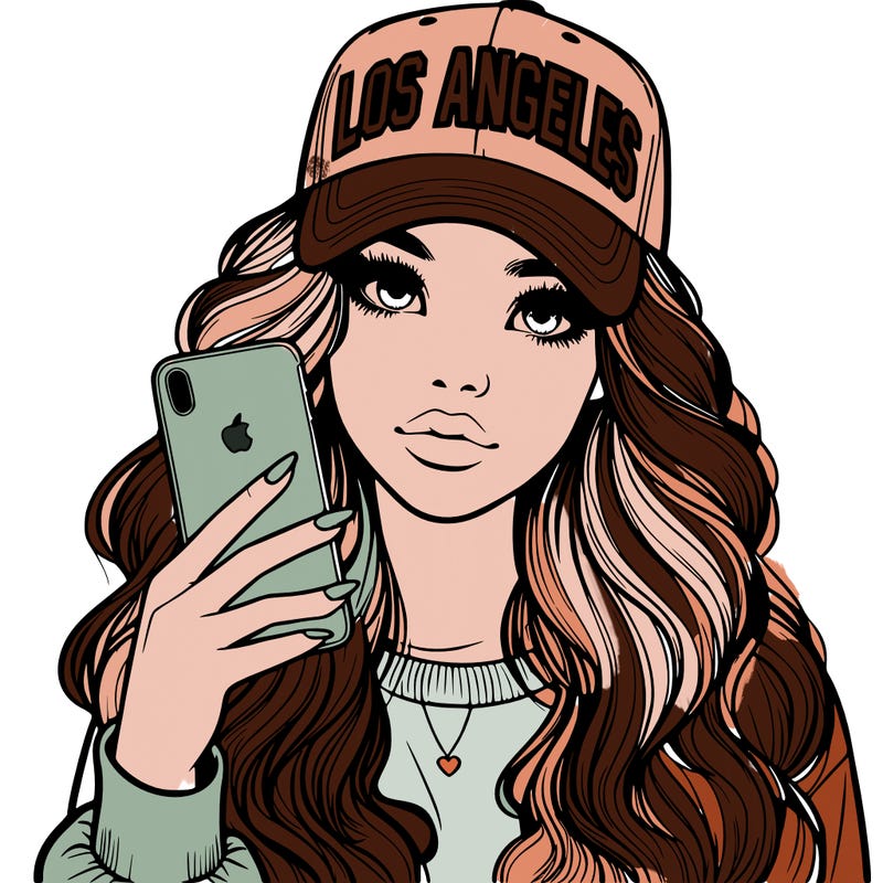 realistic beautiful girl wearing los ángeles cap holding an iphone