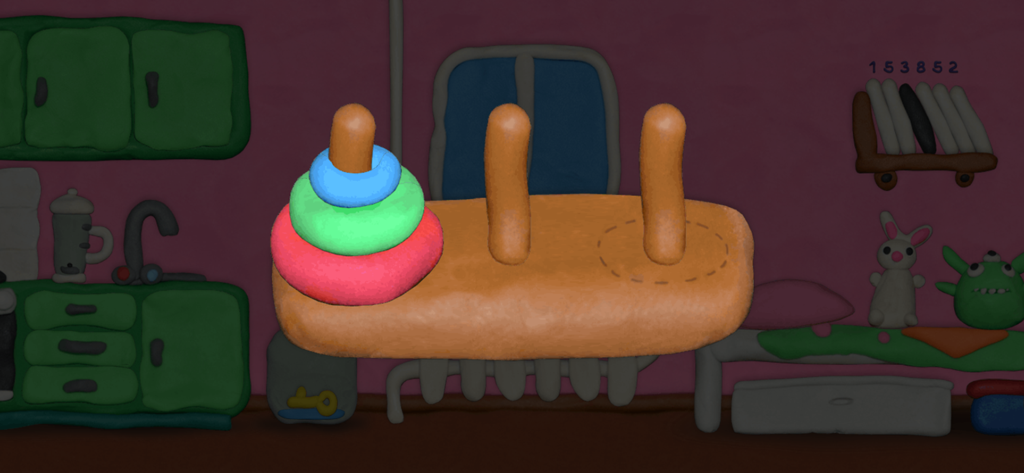 12 LOCKS - A Tower of Hanoi style puzzle with colorful plasticine rings in a claymation-themed room