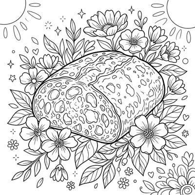 Celebrate the freshness of spring with this unique coloring page featuring a delicious ciabatta roll nestled amidst vibrant blossoms. It's a perfect blend of culinary charm and seasonal beauty, ready for your artistic touch.