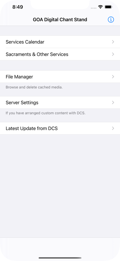 Digital Chant Stand - Main menu of the Digital Chant Stand app showing options for services calendar, sacraments, and settings.