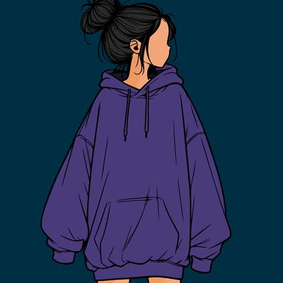 realistic girl with a oversized sweatshirt on and a bun