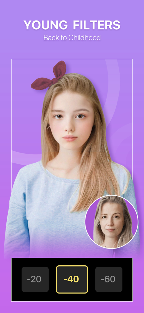 Tempi Art-Cartoon&AnimatePhoto - Screenshot of Tempi Art app showing a woman's face transformation using the AI young filter to look 40 years younger