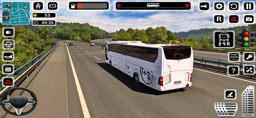 Real Bus Driving Game - Un autocar blanco conduciendo por una autopista abierta en el simulador móvil Real Bus Driving Game, mostrando controles de conducción realistas e HUD.