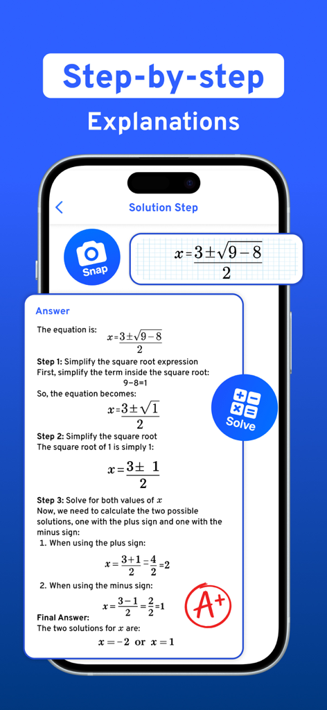 AI Homework Helper - MathGo - AI Homework Helper app showing step by step math problem solutions and explanations
