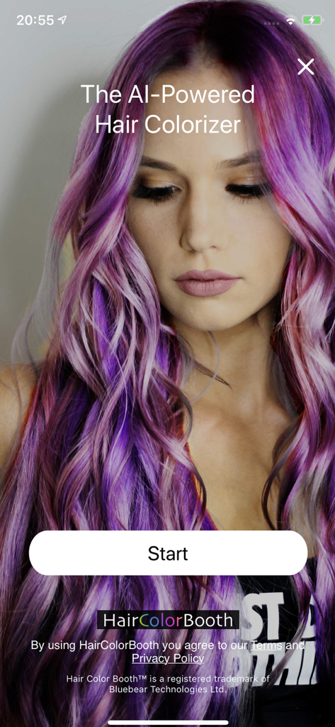 Hair Color Booth™ - Start screen of the Hair Color Booth app showing a woman with vibrant purple and pink hair