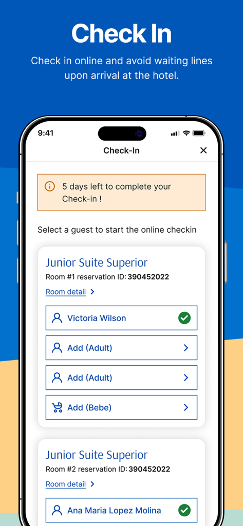 Bahia Principe Hotels - Pantalla de check-in en línea de la app Hoteles Bahia Principe para gestionar las llegadas de huéspedes