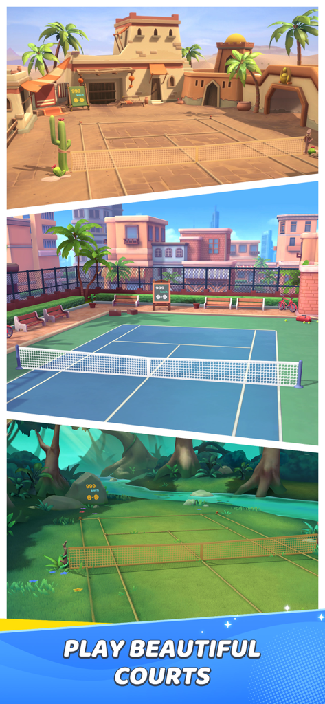 Extreme Tennis - A showcase of different stylized tennis courts including desert city and jungle environments in Extreme Tennis