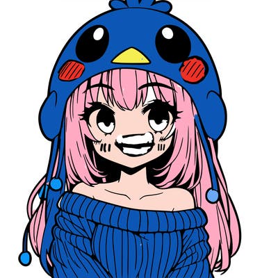 anime girl with chick shaped hat with sweater with bare shoulders with bangs covering them one eye with low tail