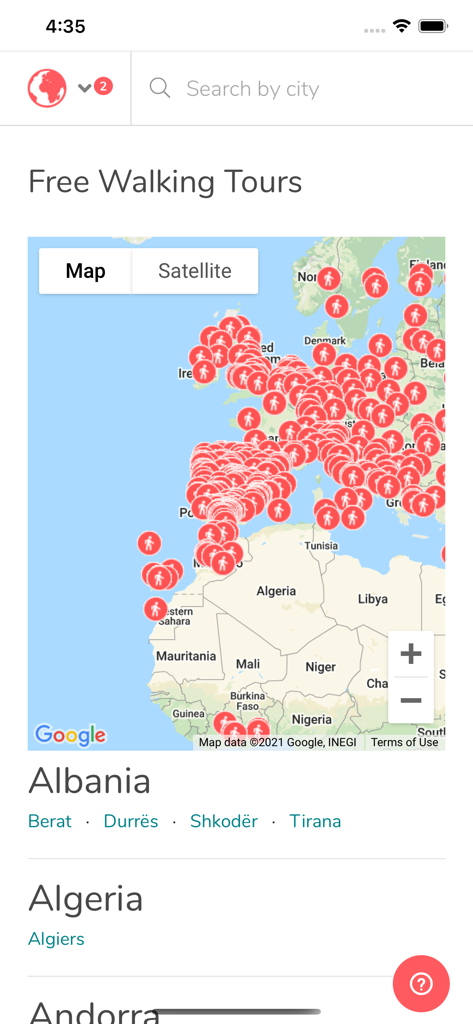 L'interfaccia dell'app GuruWalk che mostra una mappa dell'Europa e dell'Africa con segnaposti per i free walking tour disponibili