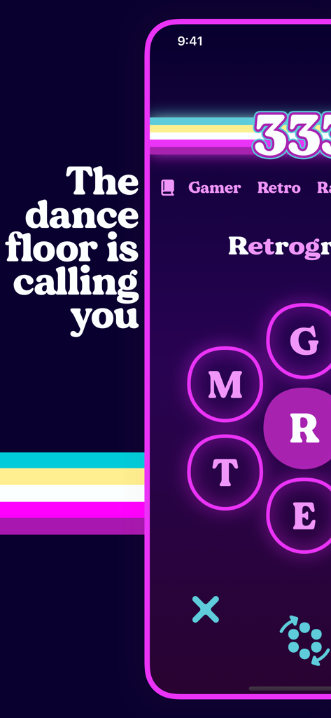 Retrogram - Retrogram word puzzle game interface with a 1970s neon theme