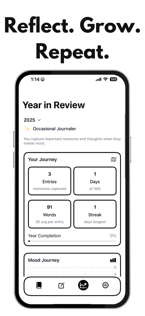 Year in review dashboard of the Daily Journal AI app showing personal progress and journaling statistics