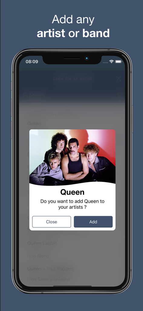 Pop-up do aplicativo Setlist Concert perguntando se deseja adicionar a banda Queen à lista de favoritos do usuário.