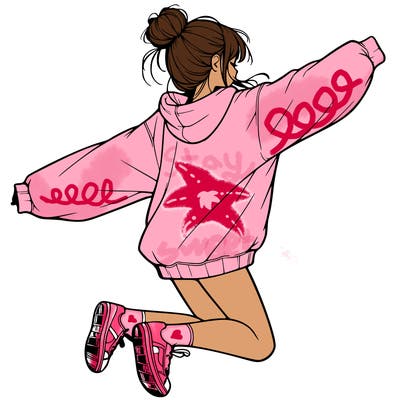 realistic girl jumping with a bun and oversized sweatshirt