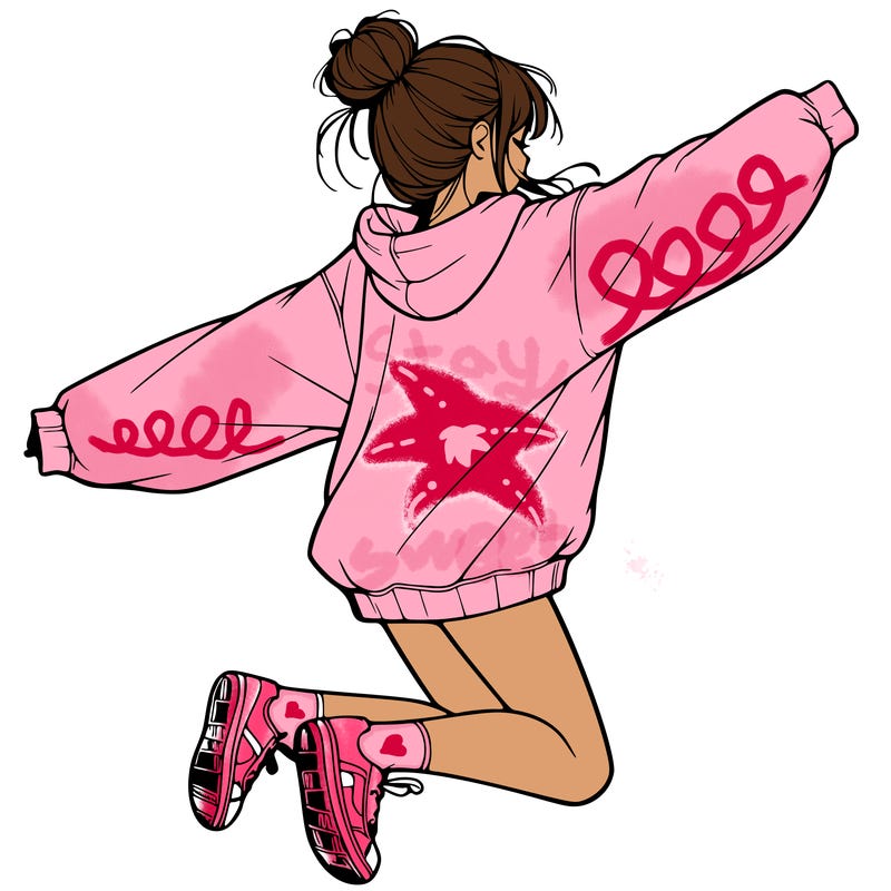 realistic girl jumping with a bun and oversized sweatshirt