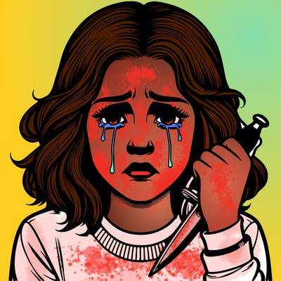 realistic teenage girl crying and holding a dagger
