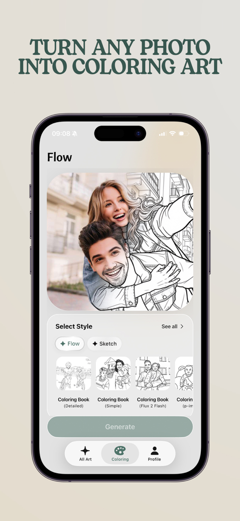 Flow-Coloring Book for Adults - A smartphone screen displaying the Flow app interface turning a photo of a couple into a custom coloring page