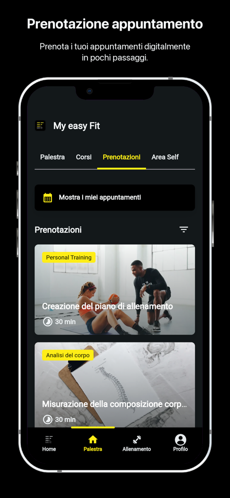 My Easy Fit - Écran de l'application mobile pour réserver des rendez-vous en salle et des séances d'entraînement personnel sur My Easy Fit.