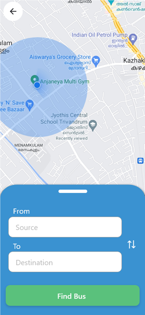 MoBis - Mobile app interface for MoBis showing a map and search fields to find bus routes