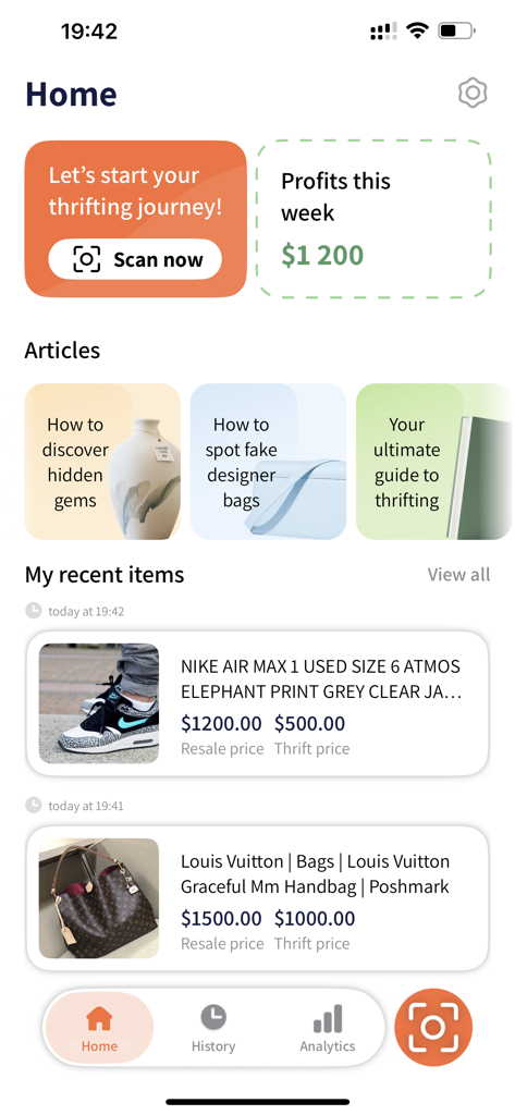 The Thrift AI－Profit Αρρ - The home screen of the Thrift AI app showing a weekly profit summary and a history of recently scanned items like shoes and handbags.
