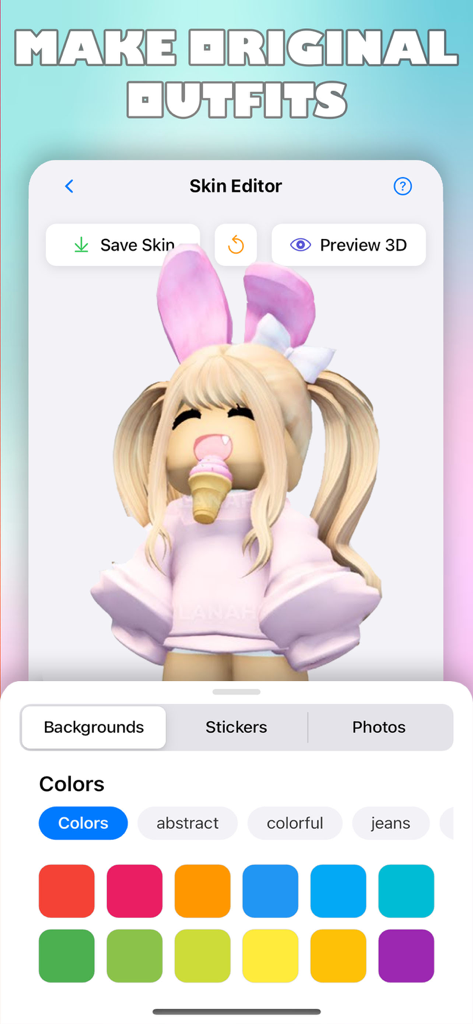 MasterBlox - Skins For Roblox - Interface de l'éditeur de skins MasterBlox montrant un personnage Roblox personnalisé avec des oreilles de lapin roses et une palette de sélection de couleurs