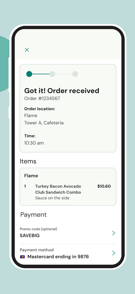 Boost: Mobile Food Ordering - Pantalla de confirmación del pedido en la aplicación Boost que muestra un pedido de comida para una cafetería del campus